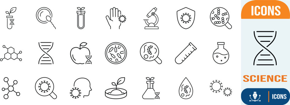 Biology chemistry medical science icons. dna icon set, microscope icon set, virus icon set