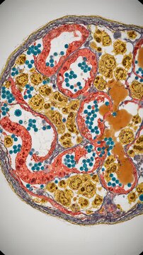 Hantavirus infecting renal corpuscle, demonstrating viral replication, showing pathogen accumulation, causing hemorrhagic fever with renal syndrome, microscopic scientific visualization.