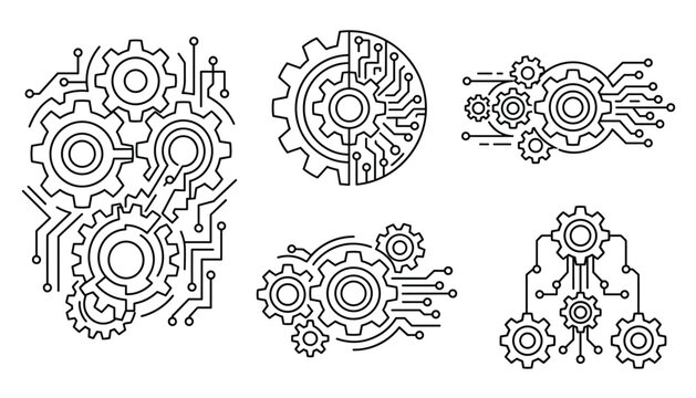 Abstract tech gear and circuit combinations, vector elements with multiple cogs and interconnected electronic lines for design.