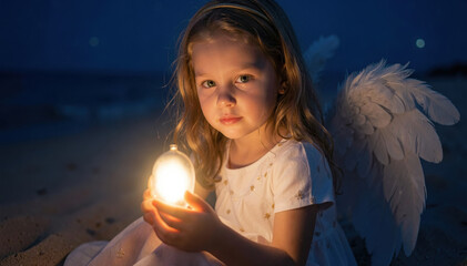 Obraz premium Angel Girl with Lantern: A young girl with angelic wings holds a glowing lantern, sitting on a beach at dusk, evoking a sense of innocence and wonder.