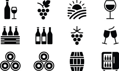 Fototapeta premium Wine and vineyard icons set, beverage bottles barrels grapes symbols vector isolated minimalist winery design collection background