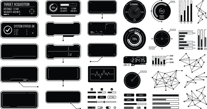 Futuristic UI elements and HUD interface components on transparent background vector science fiction graphic.