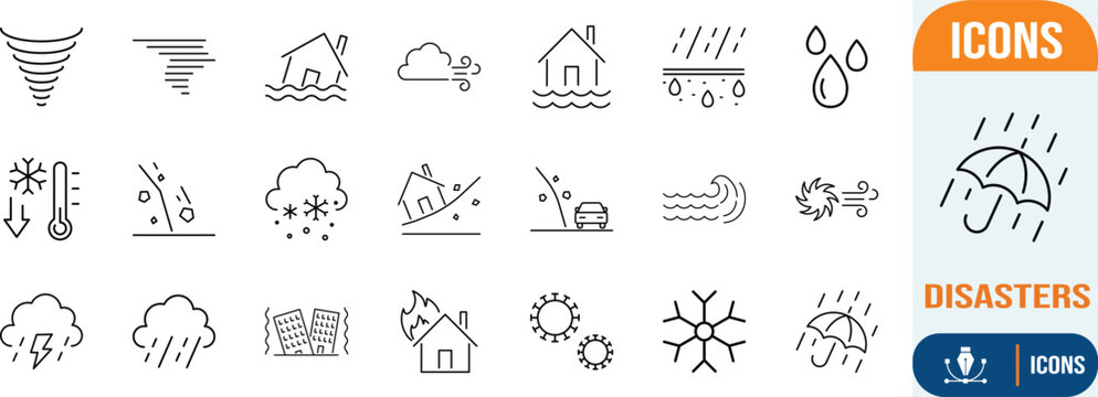 Natural disasters and weather events. tornado icon set, flood icon set, virus icon set