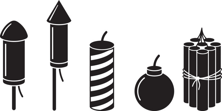 Fireworks and explosives icons: rocket firecracker bomb bundle with fireworks explosives firecracker celebration pyrotechnics explosion entertainment collection