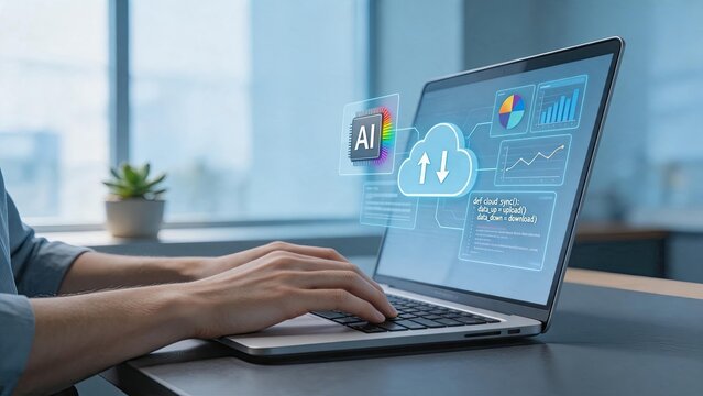 Software developer coding on laptop with AI artificial intelligence cloud computing hologram, programming code interface, data upload download sync, futuristic technology concept,
