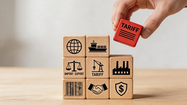 Hand placing red tariff block on wooden cubes with import export shipping factory icons representing international trade logistics customs duty taxes and global business economy