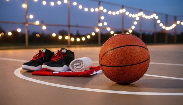 Basketball Ready: A basketball rests on the court next to a pair of athletic shoes and a folded towel, illuminated by festive string lights in the twilight.