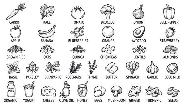 Hand drawn sketch style vector illustrations of fresh fruits vegetables grains and dairy products.