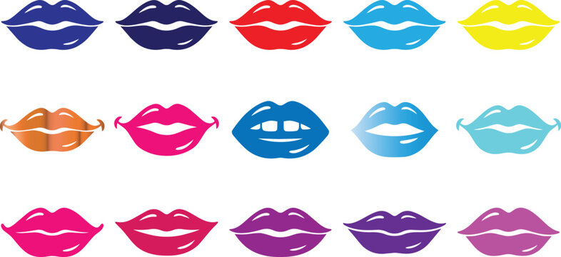 Colorful assortment of human lips in various shades of blue purple pink red orange yellow with body part white background cosmetics expression illustration collection