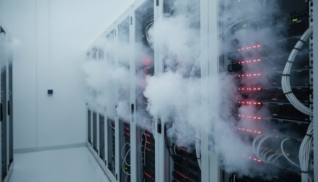 Server Room Malfunction: White smoke billows from rows of server racks in a data center, indicating a potential system failure or overheating issue, creating a dramatic and alarming scene.