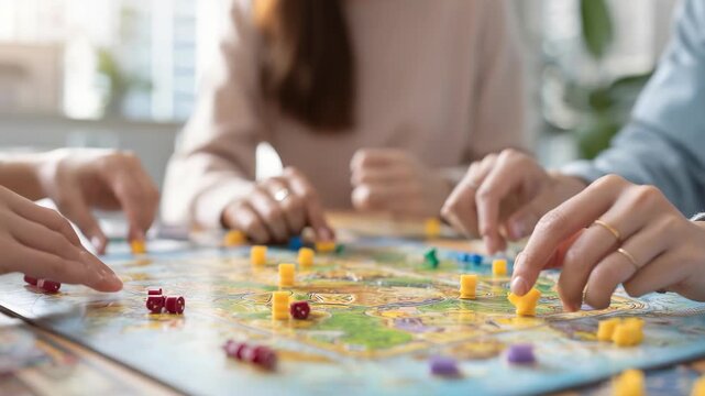 Several people gather around a tabletop board game, interacting and strategizing with various tokens and dice. The scene captures fun, connection, and the excitement of modern social gaming