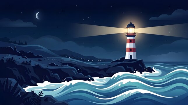 Flat vector illustration of a red and white lighthouse glowing on a rocky cliff beside powerful ocean waves under a dark starry night sky with a crescent moon.