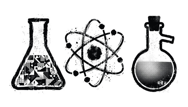 Grunge science lab flasks and atom symbol, abstract distressed graphic design, abstract art, vector art, transparent background.