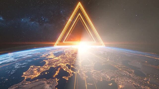 Glowing geometric triangles floating above a bright planet surface