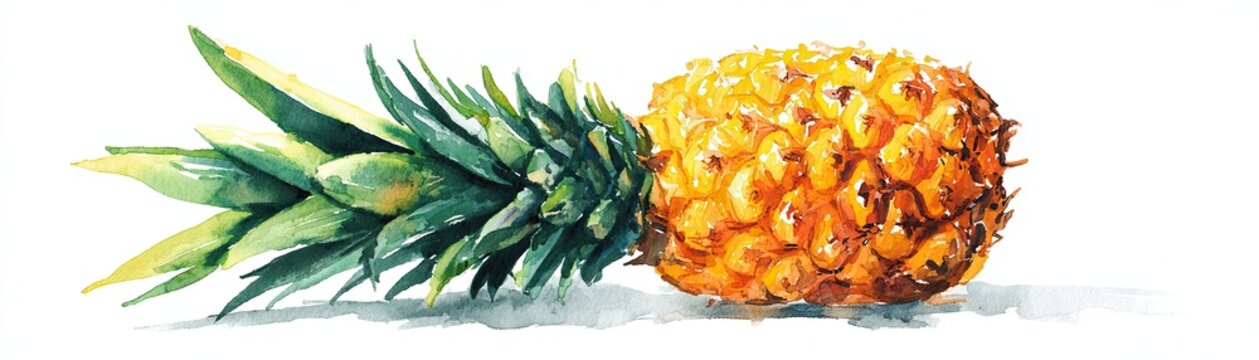 A detailed watercolor painting of a ripe pineapple with green spiky leaves and textured golden-yellow skin on a white background.