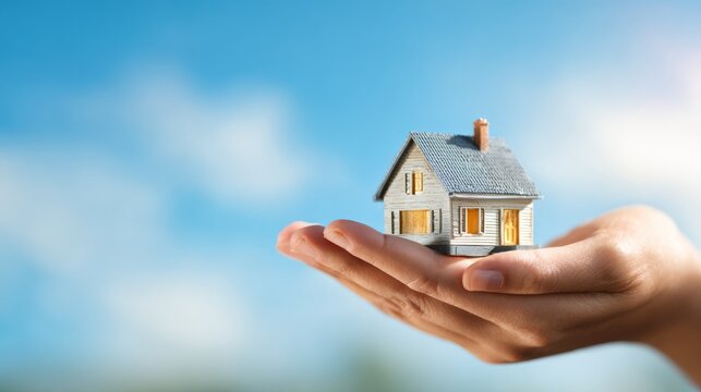 16.Conceptual image of a human hand gently holding a small house model, clear blue sky in the background, bright natural light, home ownership and security concept