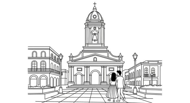Historic town square with prominent clock tower illustration.