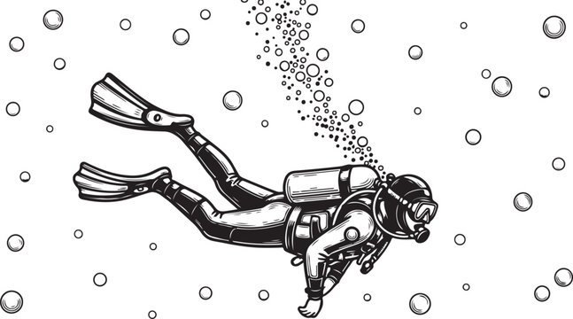 Vintage scuba diver illustration with bubbles and underwater scene in black and white