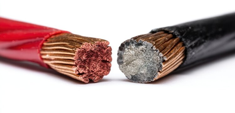 Two electrical wires with copper and plastic-insulated conductors showing detailed textures and materials