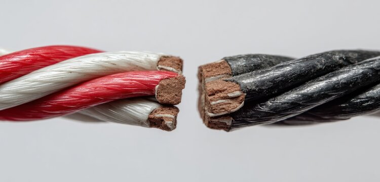Two electrical power cables with copper and copper-coated wires, showing detailed textures of insulation and conductors