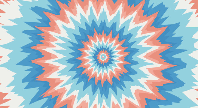 Vibrant retro sunburst pattern with jagged colorful rays in blue, peach, and white creating a dynamic kaleidoscope effect.