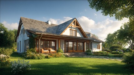 Obraz premium 11.Realistic 3D exterior visualization of a cozy cottage home, manicured grassy lawn, sunlight illumination, inviting rural residential atmosphere