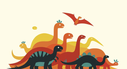 Colorful Prehistoric Dinosaurs Roaming Together in a Group. © Faiz