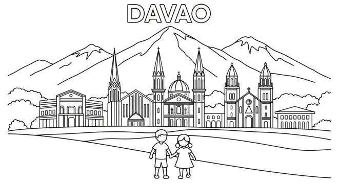Davao City Skyline with Couple and Volcanic Mountain View.