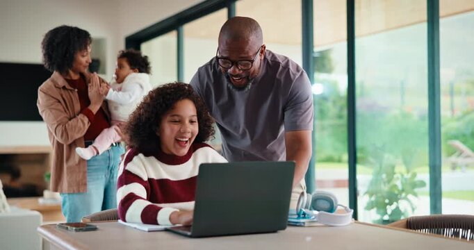 Homework, high five and dad with child on laptop for online lesson, elearning and studying for test. Family, home and African father and girl on computer for answer, results and success for education
