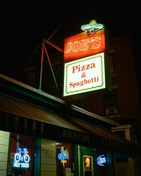 Joes Spaghetti & Pizza vintage neon sign at night, Northampton, Massachusetts