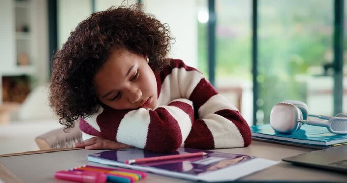 Bored, tired and kid with homework in house with elearning, education or online class. Fatigue, burnout and girl student with exhaustion for knowledge, growth or development in virtual lesson.