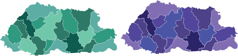 Fototapeta premium Bhutan Administrative Districts Map in Teal and Purple Color Variants Showing Regional Divisions on White Background