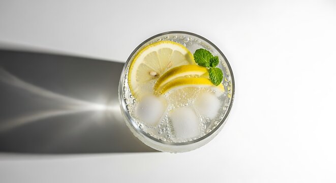 "Top view of sparkling lemonade with lemon slices, ice cubes and mint in a clear glass on white surface, bright sunlight and shadows"