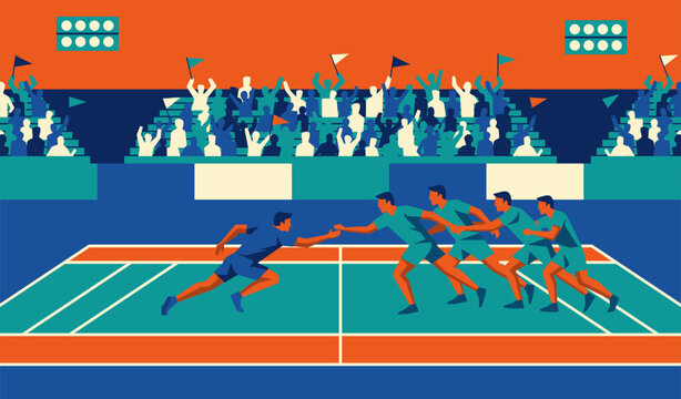 Kabaddi team playing in a match with spectators cheering on the bleachers. Action at Indian contact sport game or competition while athletic players tackle opponent in arena with teamwork and defense