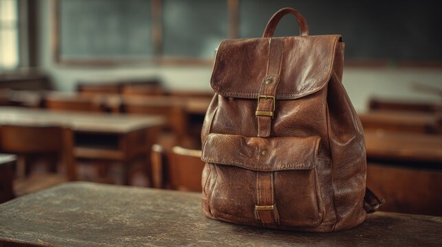 Vintage brown leather backpack resting on a wooden desk in an empty classroom