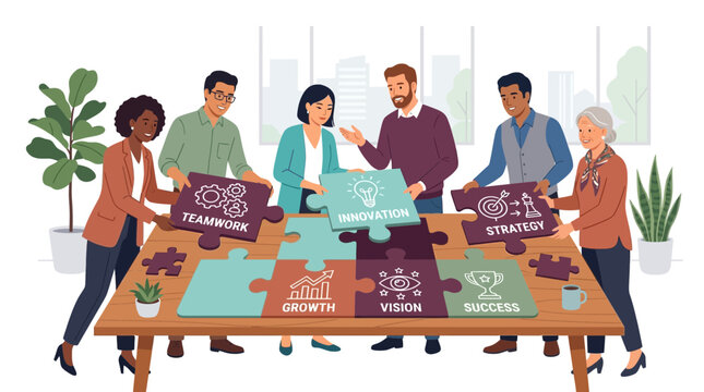 Diverse corporate executives and business managers assembling jigsaw puzzle pieces at office table, perfect for business presentations, corporate training and team building concepts