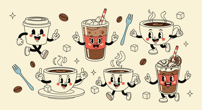 Large set of vintage cartoon coffee and cocoa cup characters in a retro 1930s rubber hose animation style for cafe and restaurant decor.