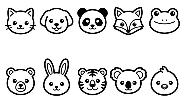 Cute animal face outline line art icons set with cat dog panda fox frog bear rabbit tiger koala and chick on white background, perfect for baby branding, nursery decor and children stickers