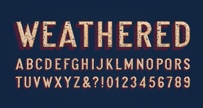 Weathered alphabet font. Distressed scratched letters and numbers with a dirty vintage look. Vector typescript for poster titles, label design, signage, and old western typography.