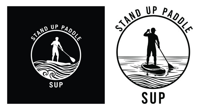 Stand up paddle boarding vintage badge logo illustration