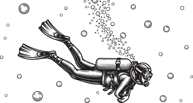 Vintage scuba diver illustration with bubbles on a white background