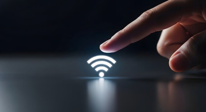 Finger Touching Wireless WiFi Signal Icon on Futuristic Internet Connectivity Interface