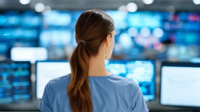 A woman in medical scrubs is seen from behind, focusing on several computer screens displaying information in a high tech environment. The scene suggests healthcare technology and data analysis