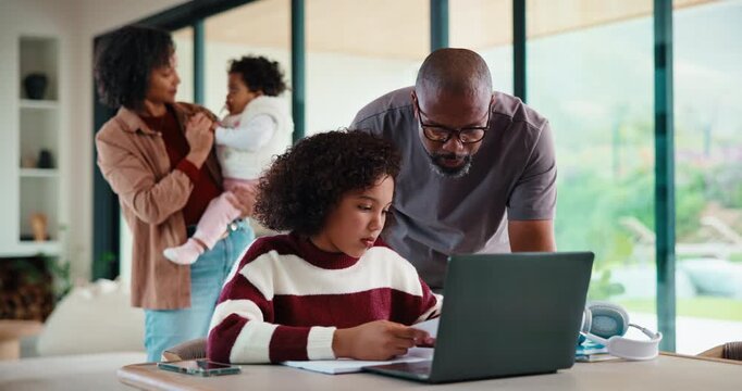Homework, help and dad with child on laptop for online lesson, elearning and studying for test. Family, home and parents with girl on computer for teaching, virtual class and knowledge for education