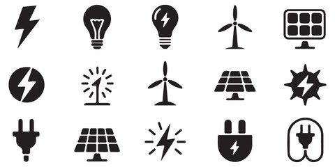 Electrical power icons set for renewable energy source including wind generator solar cells lighting bolt and lightbulbs with professional design. © Md