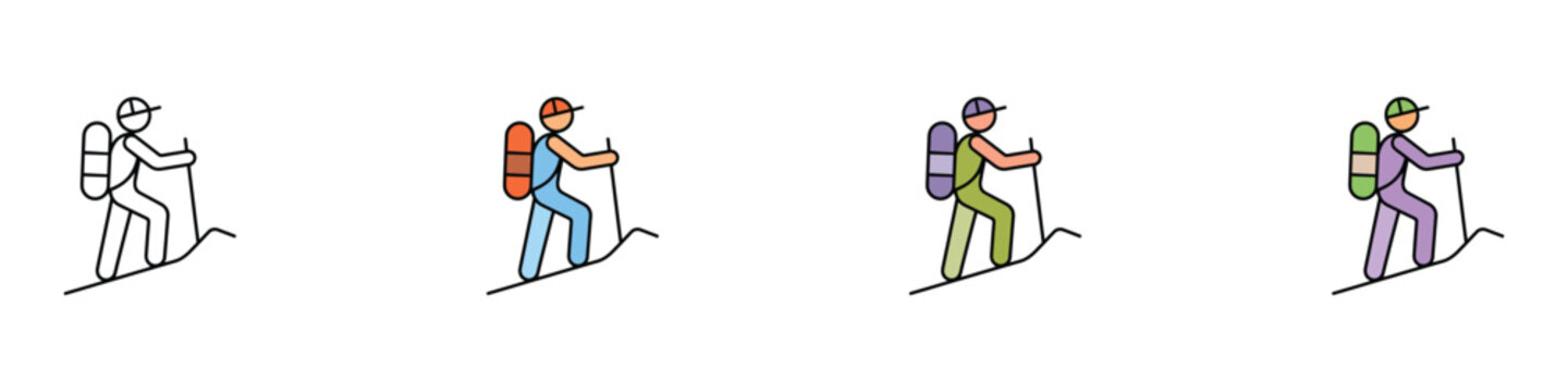 Mountain trekking hiker and outdoor adventure icon set. Vector illustration of linear and flat color backpacker characters with hiking poles climbing hills for wanderlust tourism symbols.