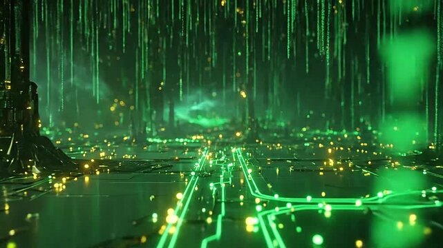 Abstract digital landscape with glowing green data streams and circuits