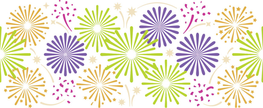 Fireworks in vibrant green and purple hues provide a dynamic and colorful visual pattern for party invitations and event branding.