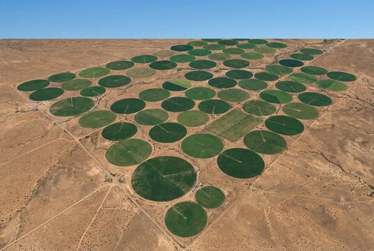 Angled aerial perspective of green center pivot irrigation desert circles