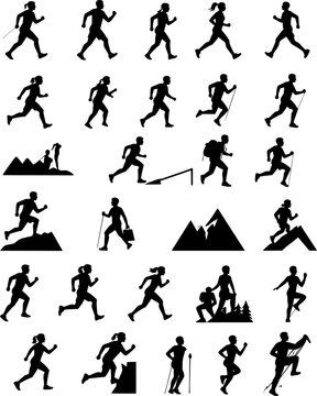 people activity icons set, human figure pictogram for walking running jumping climbing and fitness exercises, simple silhouette symbols isolated on transparent background